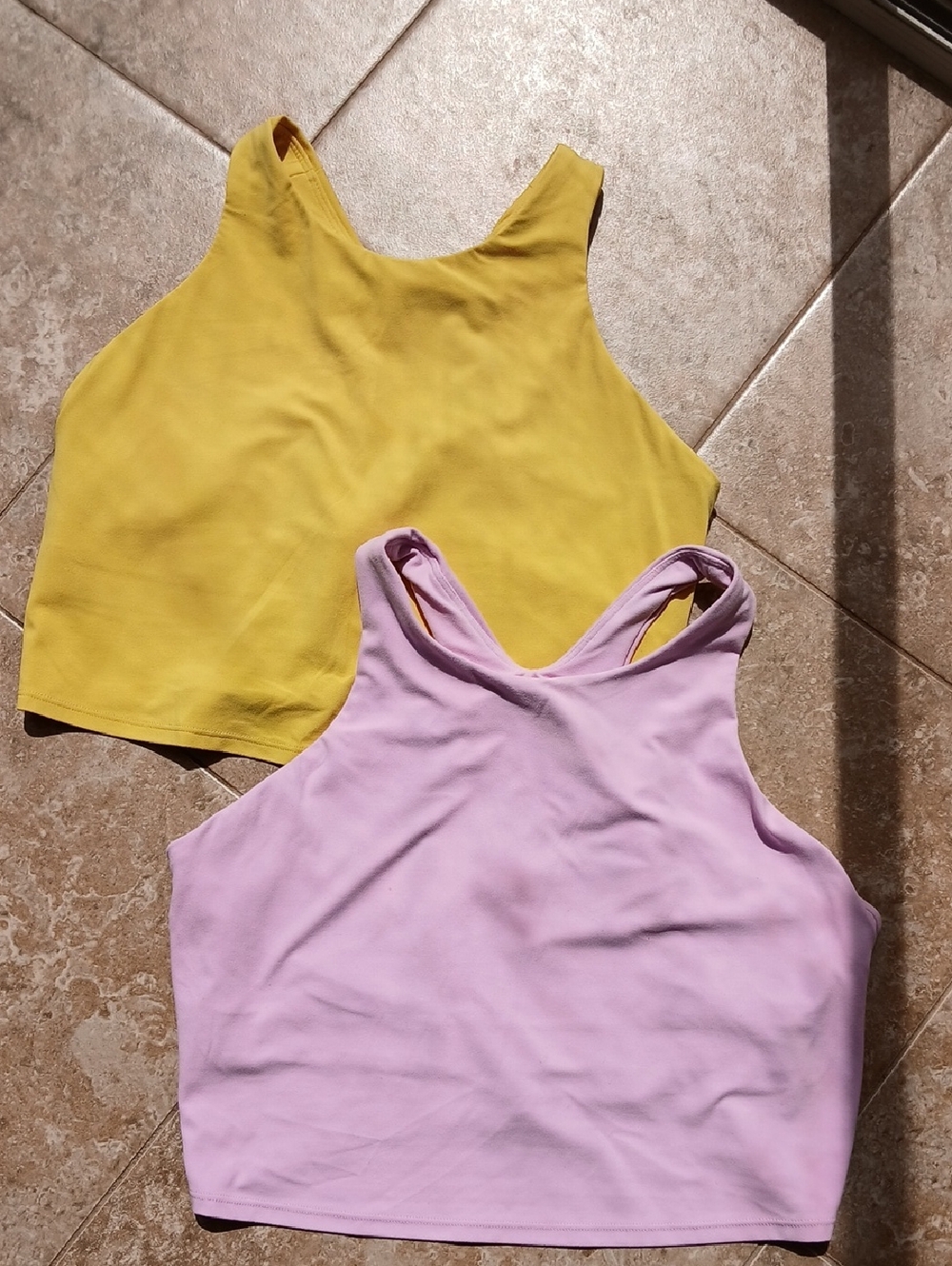 Athleta Cropped Racerback Tops in Yellow and Lavender